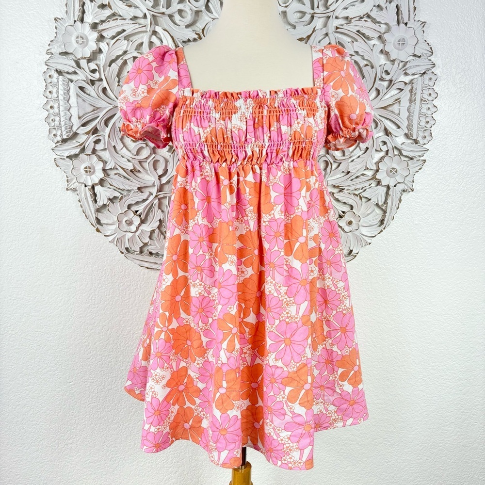 {Glamorous} Sixties Floral Puff Shoulder Shift Mini Dress, Size 2
